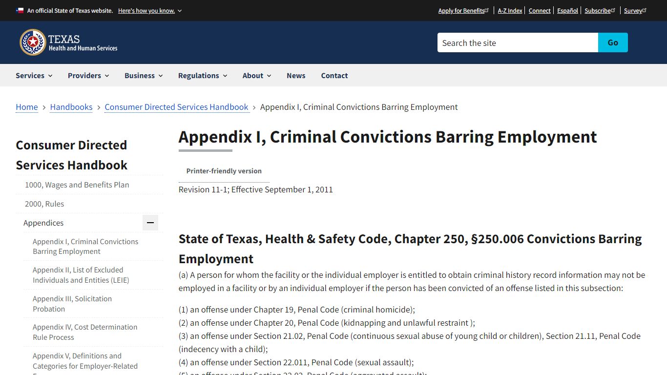 Appendix I, Criminal Convictions Barring Employment - Texas